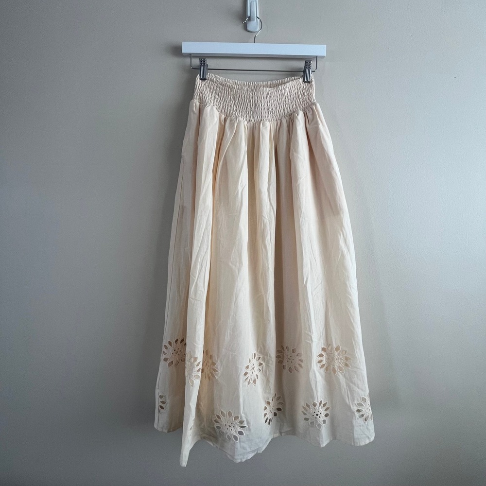 Joie Smocked Waist Eyelet Cotton Midi Skirt Size S Cream NWT Cottagecore Boho